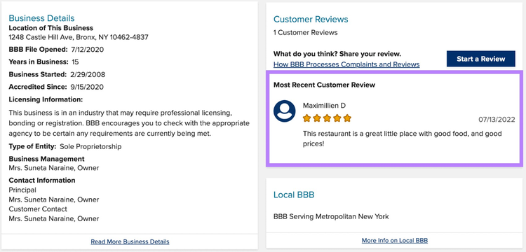 Página del Better Business Bureau con datos de la empresa y opiniones de los clientes