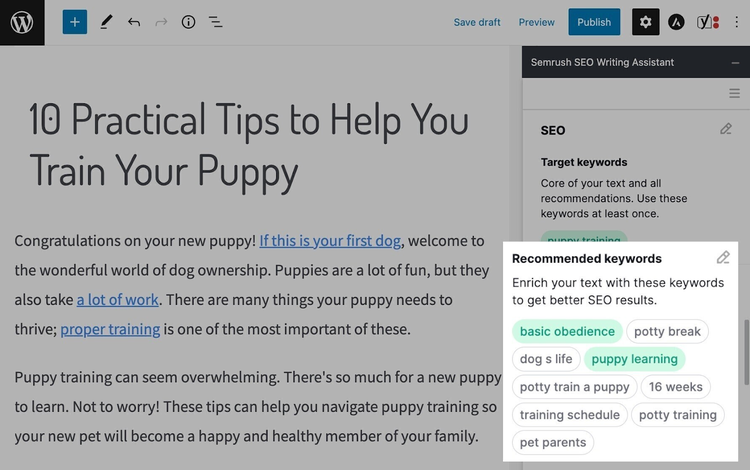 Recomendaciones del SEO Writing Assistant