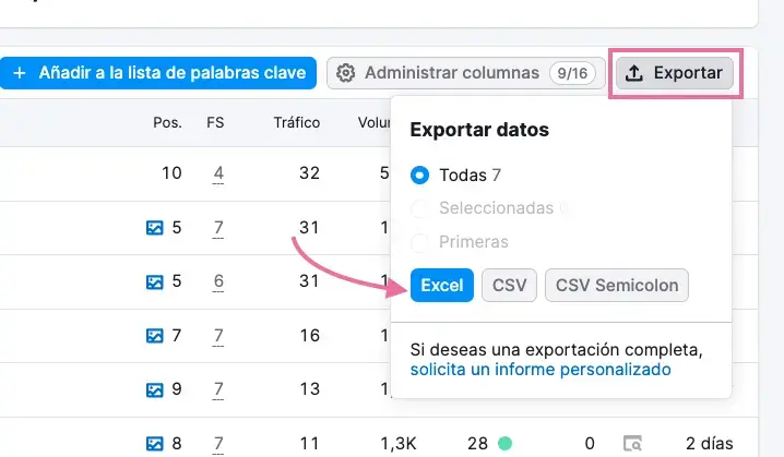 Diálogo Exportar datos de Semrush con opciones de formato Excel o CSV