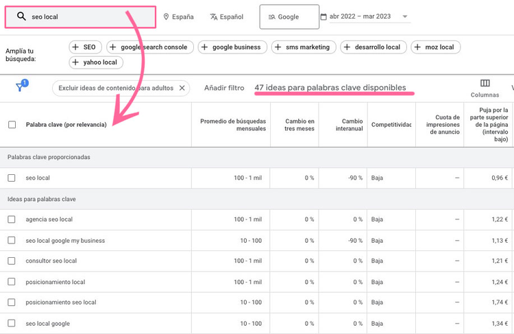 Keyword Planner results showing 47 available keyword ideas with search volumes