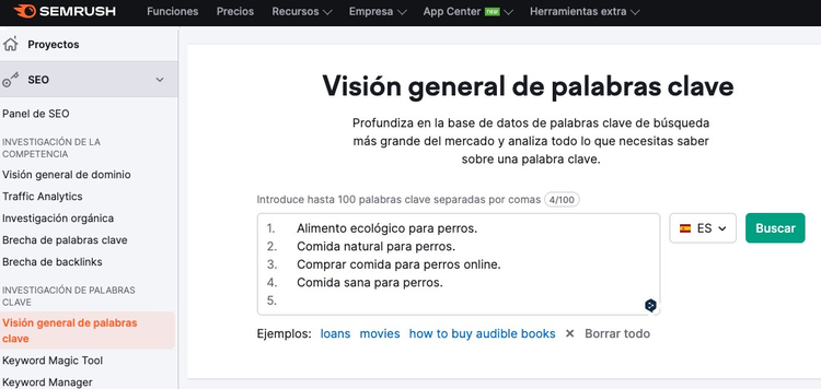 Semrush Keyword Overview para comida perros: volumen 2.4K, dificultad 39%, posición 0