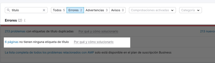 Semrush Site Audit: 213 etiquetas título duplicadas