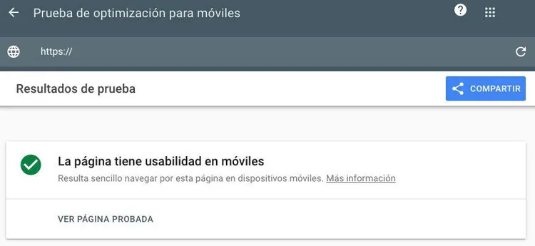 Resultado prueba móvil Google mostrando usabilidad móvil con check verde