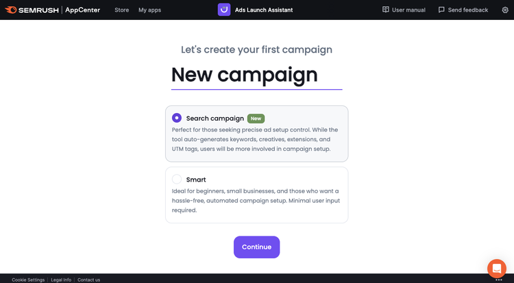 Ads Launch Assistant campaign creation showing Search campaign and Smart campaign options
