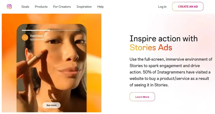 Página de inicio de publicidad de Instagram para Stories Ads