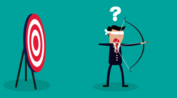 Ilustración: persona con arco apuntando a diana con signo de interrogación