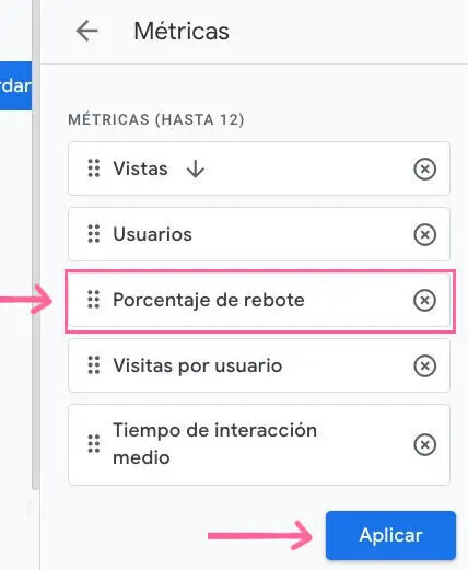 Panel métricas GA4 con Porcentaje de rebote seleccionado y botón Aplicar