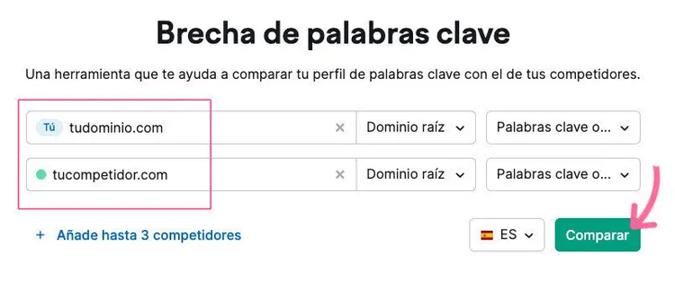 Herramienta Brecha palabras clave con dominios para comparación