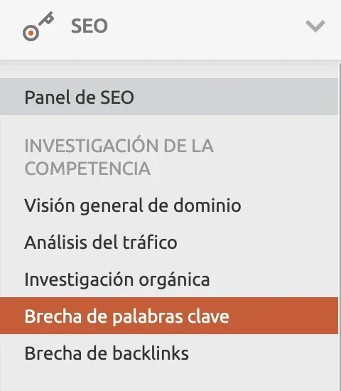Menú SEO: Panel de SEO con Brecha de palabras clave destacada en naranja