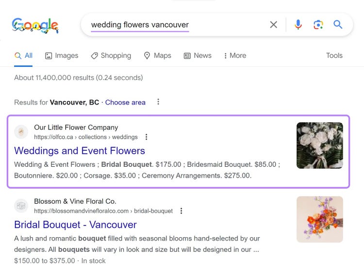 Resultados de búsqueda en Google para "flores de boda vancouver"