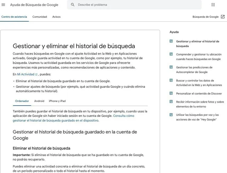 Artículo soporte Google sobre gestionar historial búsqueda