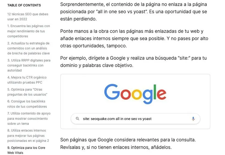 Contenido blog mostrando Google búsqueda site:ejemplo estrategia enlaces internos