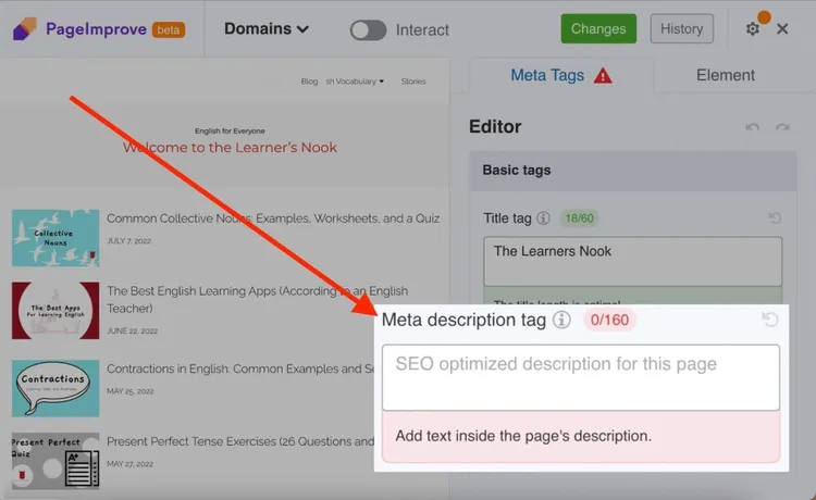 Panel de extensión PageImprove mostrando editor de etiquetas meta con título y descripción