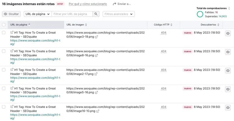 Tabla de problemas internos con enlaces rotos y detalles de recomendaciones