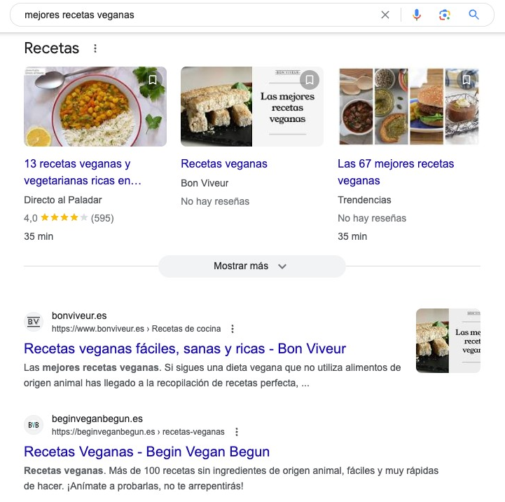 Resultados búsqueda Google para recetas veganas mostrando tarjetas de recetas e imágenes