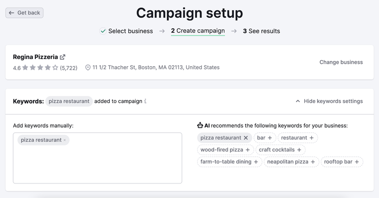 configuración de campaña con área de palabras clave