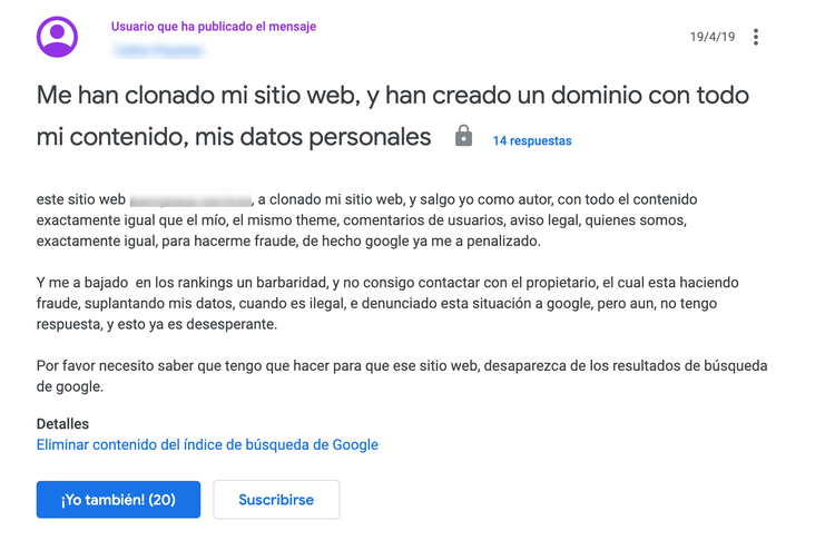 Screenshot: comentario de usuario reportando clonación de sitio web