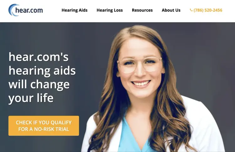 "Comprueba si tienes derecho a una prueba sin riesgos") CTA en el sitio web de hear.com