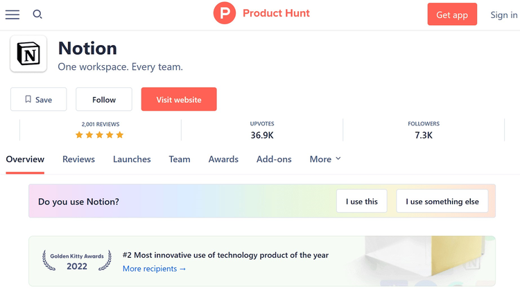 Lanzamiento de Notion en Product Hunt