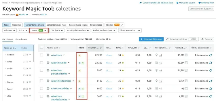 Keyword Magic Tool con filtros de palabras clave