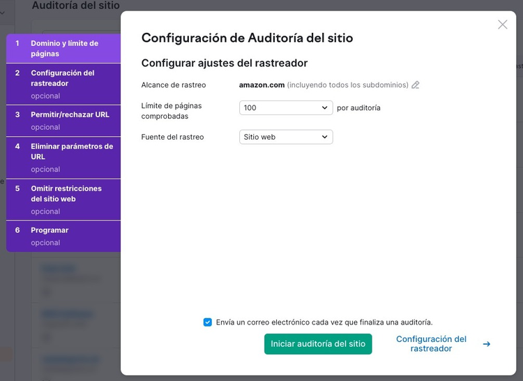 Iniciar auditoría del sitio en Semrush