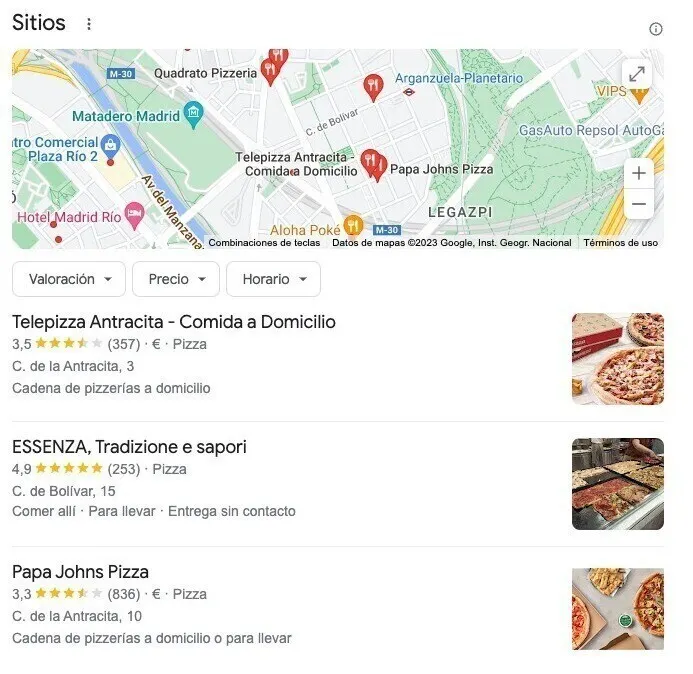 Mapa de Google mostrando ubicaciones locales de pizzerías en Madrid con reseñas y calificaciones
