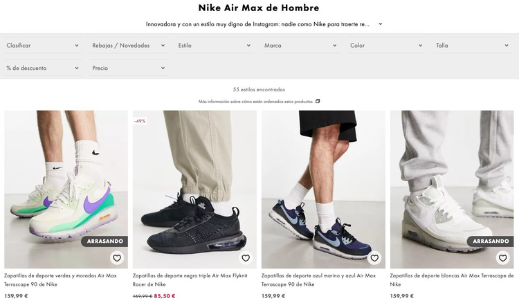 Página de producto Nike Air Max con listado de zapatillas y precios