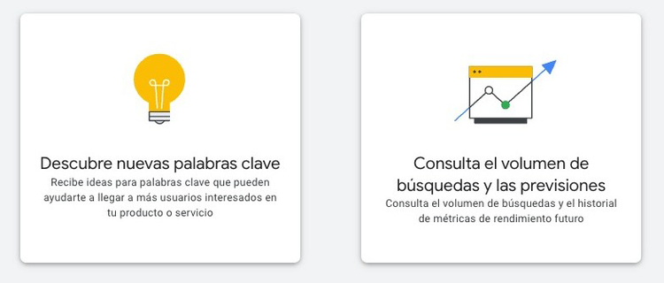Google Keyword Planner showing two main options: discover keywords and check volume
