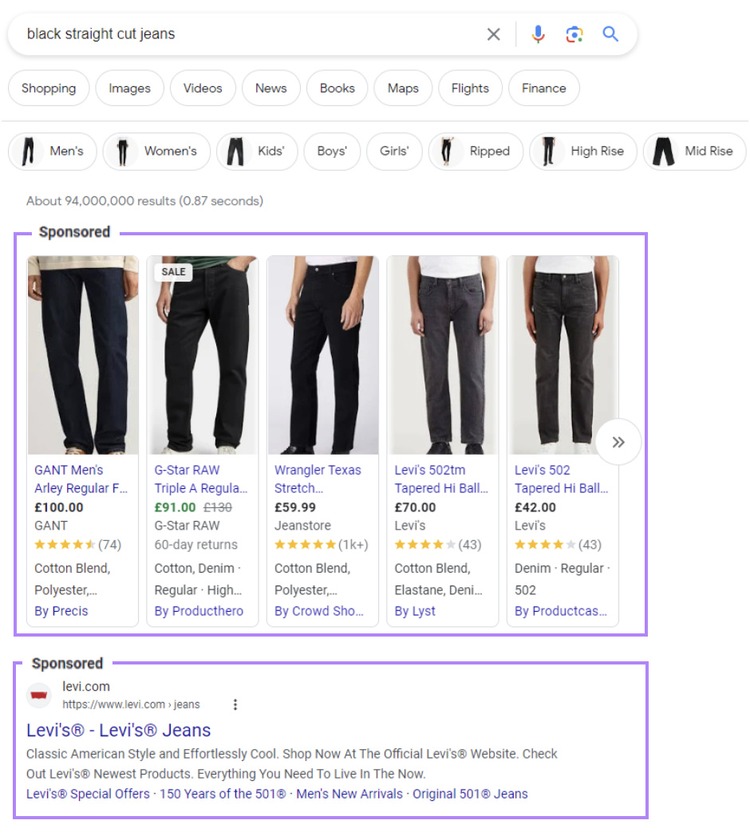 Dos tipos de anuncios PPC en una SERP de Google