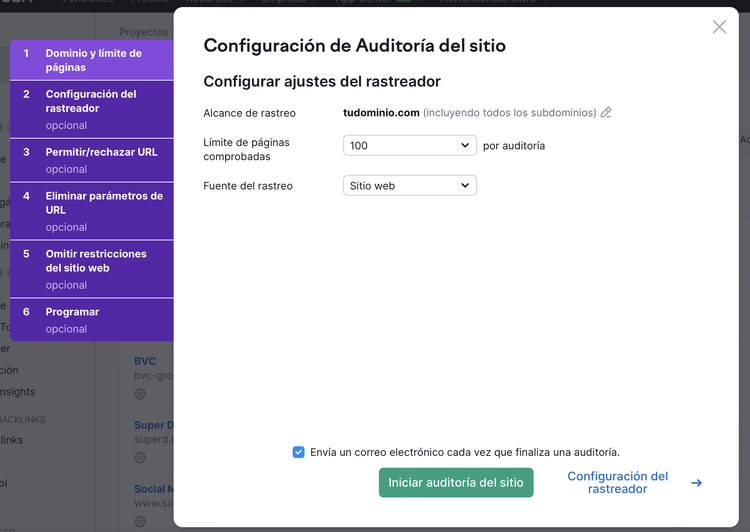Configuracion de Auditoría del sitio