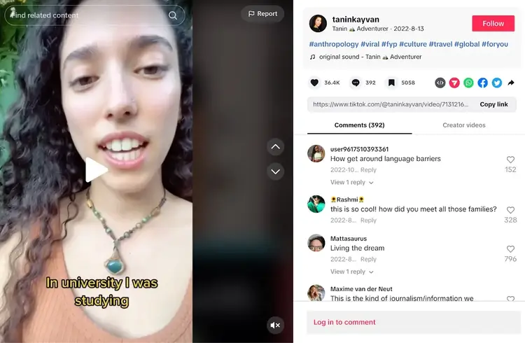 El vídeo TikTok de Tanin Kayvan a la izquierda y los comentarios a la derecha