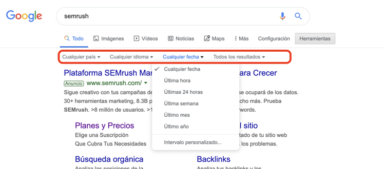 Búsqueda avanzada en Google - Herramientas en las búsquedas