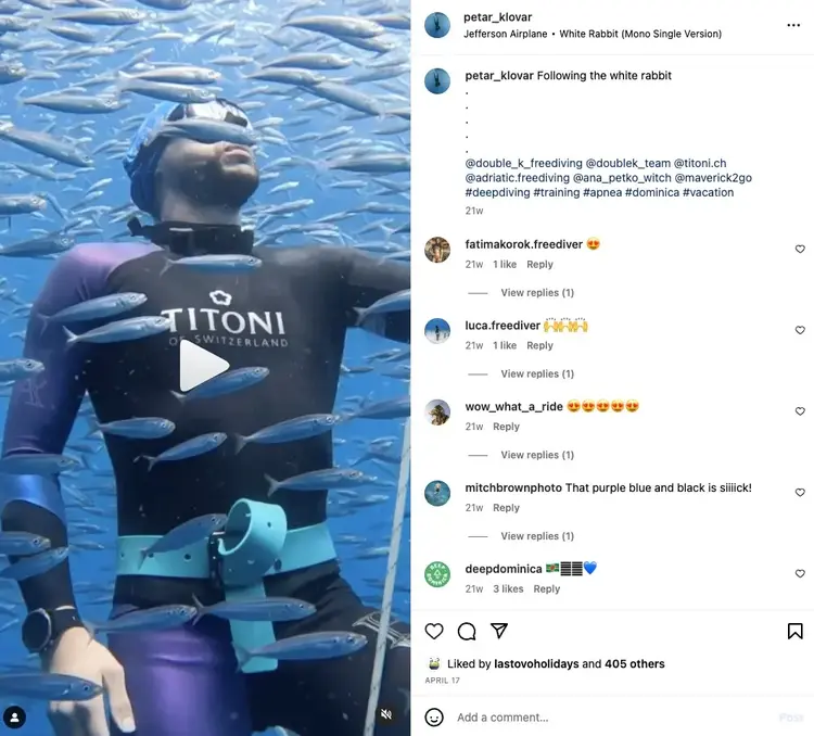 Vídeo de apnea de Petar Klovar en Instagram a la izquierda y comentarios a la derecha