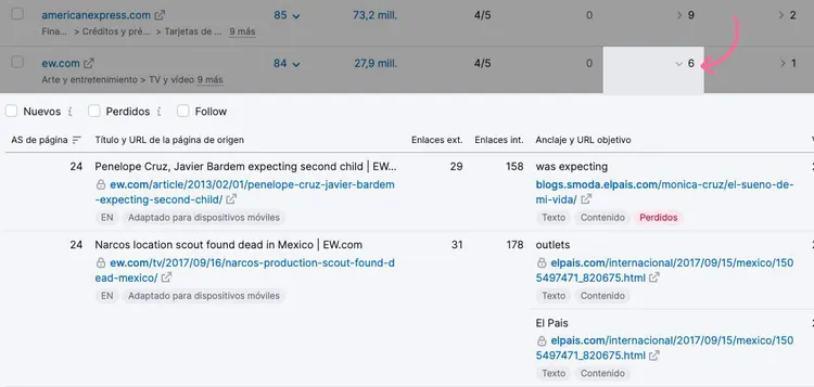 Reporte brecha backlinks Semrush con detalles dominios oportunidades