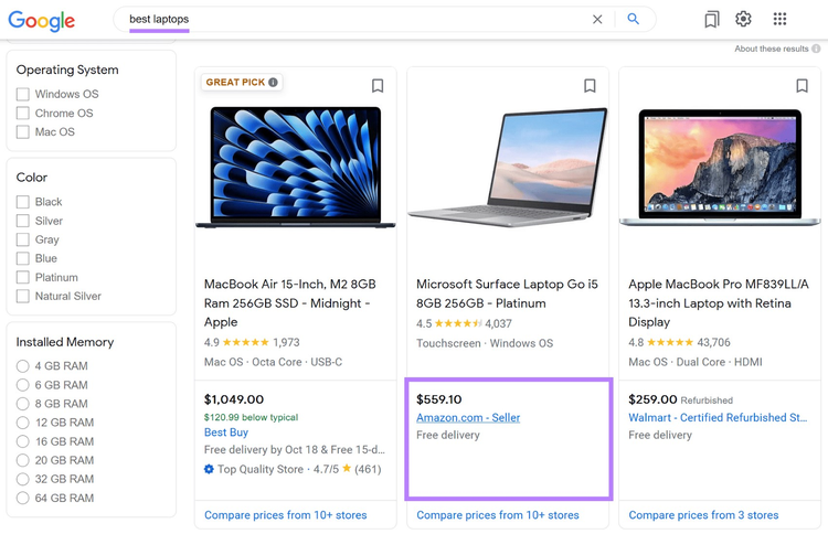 La búsqueda en Google de "mejores portátiles" muestra el listado de Amazon