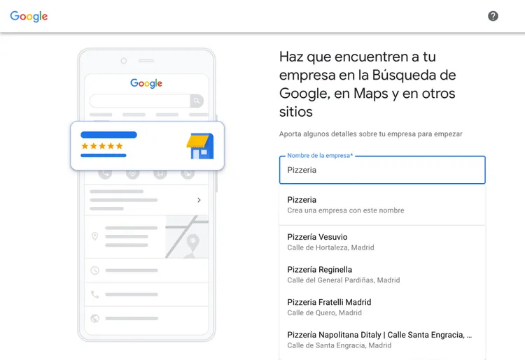 Google Business Setup campo nombre empresa con sugerencias desplegables