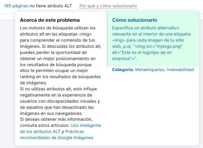 Popup explicativo sobre importancia de atributos alt en imágenes