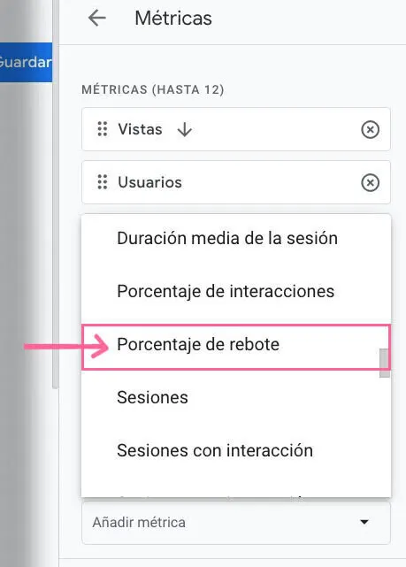 Menú métricas GA4 con Porcentaje de rebote resaltado en rosa