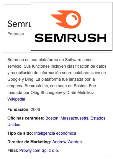 Tarjeta información Semrush sobre empresa SaaS fundada 2008 Boston