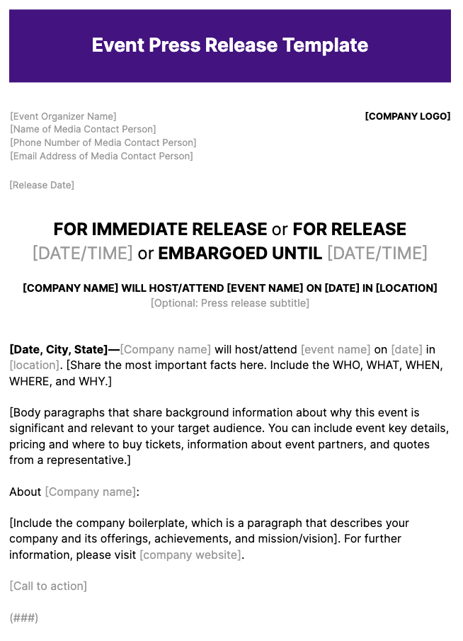 Plantilla de comunicado de prensa de eventos