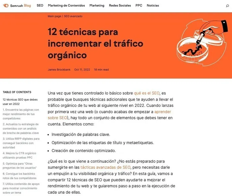 Semrush Blog artículo 12 técnicas incrementar tráfico orgánico con tabla de contenidos sidebar