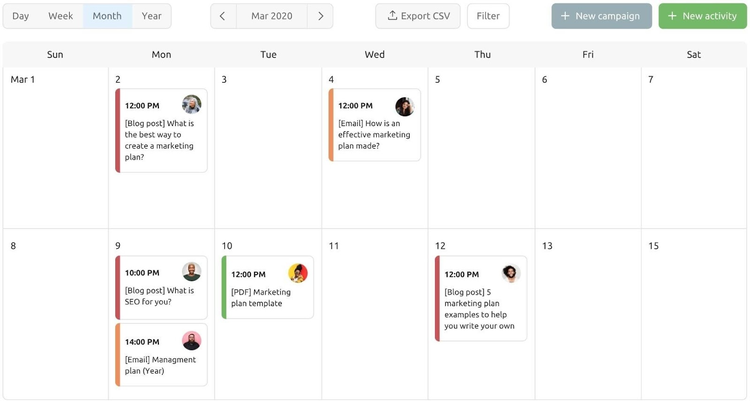 Calendario de Semrush mostrando eventos y tareas de marketing planificadas
