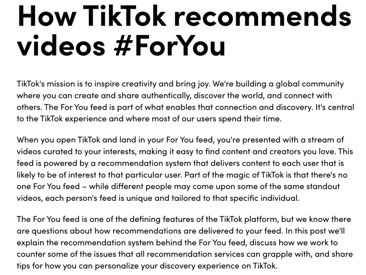 "Página "Cómo TikTok recomienda vídeos #ParaTí