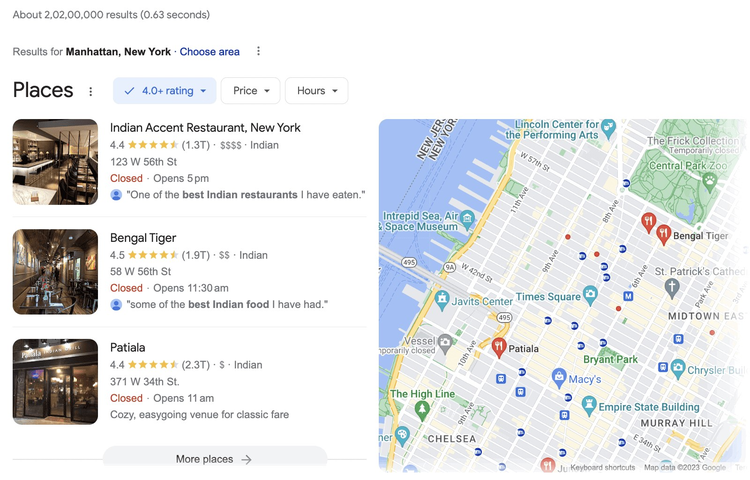 Resultados del Local Pack de Google para "mejores restaurantes indios de Manhattan"