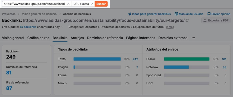 Reporte backlinks de Semrush para página de sustentabilidad Adidas mostrando 249 backlinks