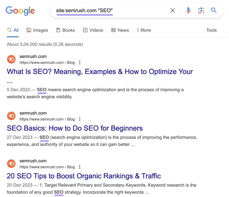SERP de Google para "site:semrush.com "SEO"" site search