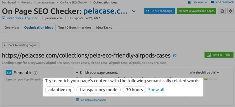Keyword suggestions from the On Page SEO checker