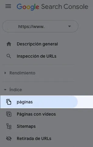 Google Search Console: menú Índice expandido con opciones páginas y Sitemaps
