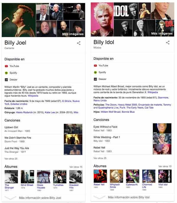 Búsqueda semántica - Knowlegde Graph de Billy Joel y Billy Idol en Google