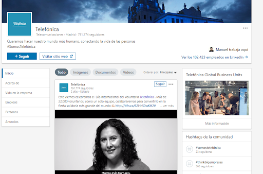 Páginas de empresa en LinkedIn - Ejemplo Telefónica
